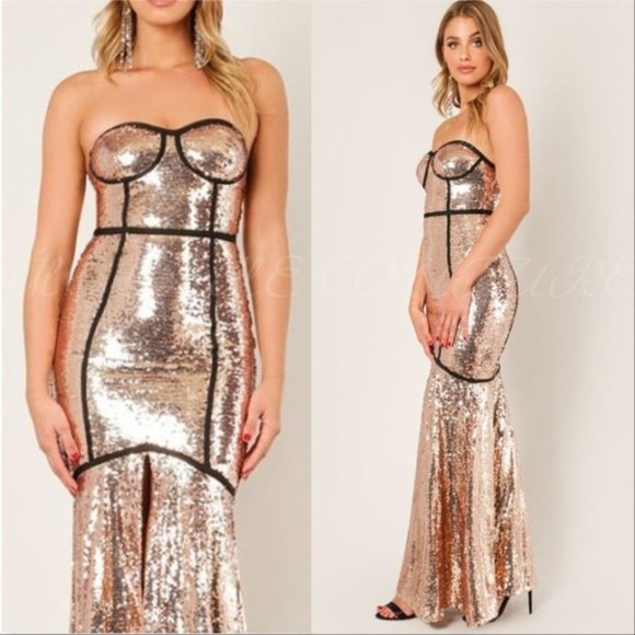 HOLIDAY COLLECTION - Gold Sequin Gown Dress - Picture 3 of 3